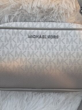 Michael Kors White and Light Gray Signature Crossbody Bag